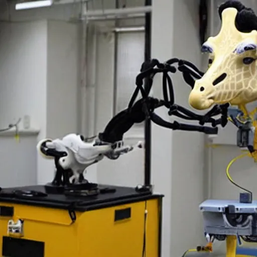 Prompt: prototype robot giraffe being worked on by one scientists engineer, joe biden.