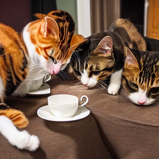 Image similar to two calico cats and a tabby cat enjoy cups of tea together at an upscale party, award winning photo