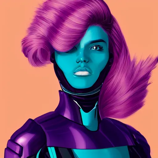 Image similar to a stunning upper body portrait of a beautiful young woman wearing futuristic navy blue and teal battle bodyarmor with shoulder pads, ombre purple and pink hairstyle, hair blowing in the wind, by marvel comics, digital art, trending on artstation