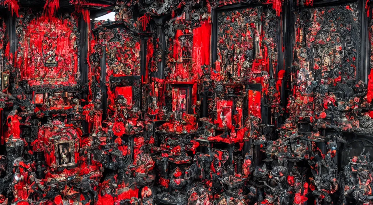 Image similar to Malevolent Shrine, Colorful Digital Photography, Surrounded by Black Water, Dark, Red Shrine, Traditional Shrine, Intricate Detail, ELS, Extreme Long Shot, ISO 100, Horror