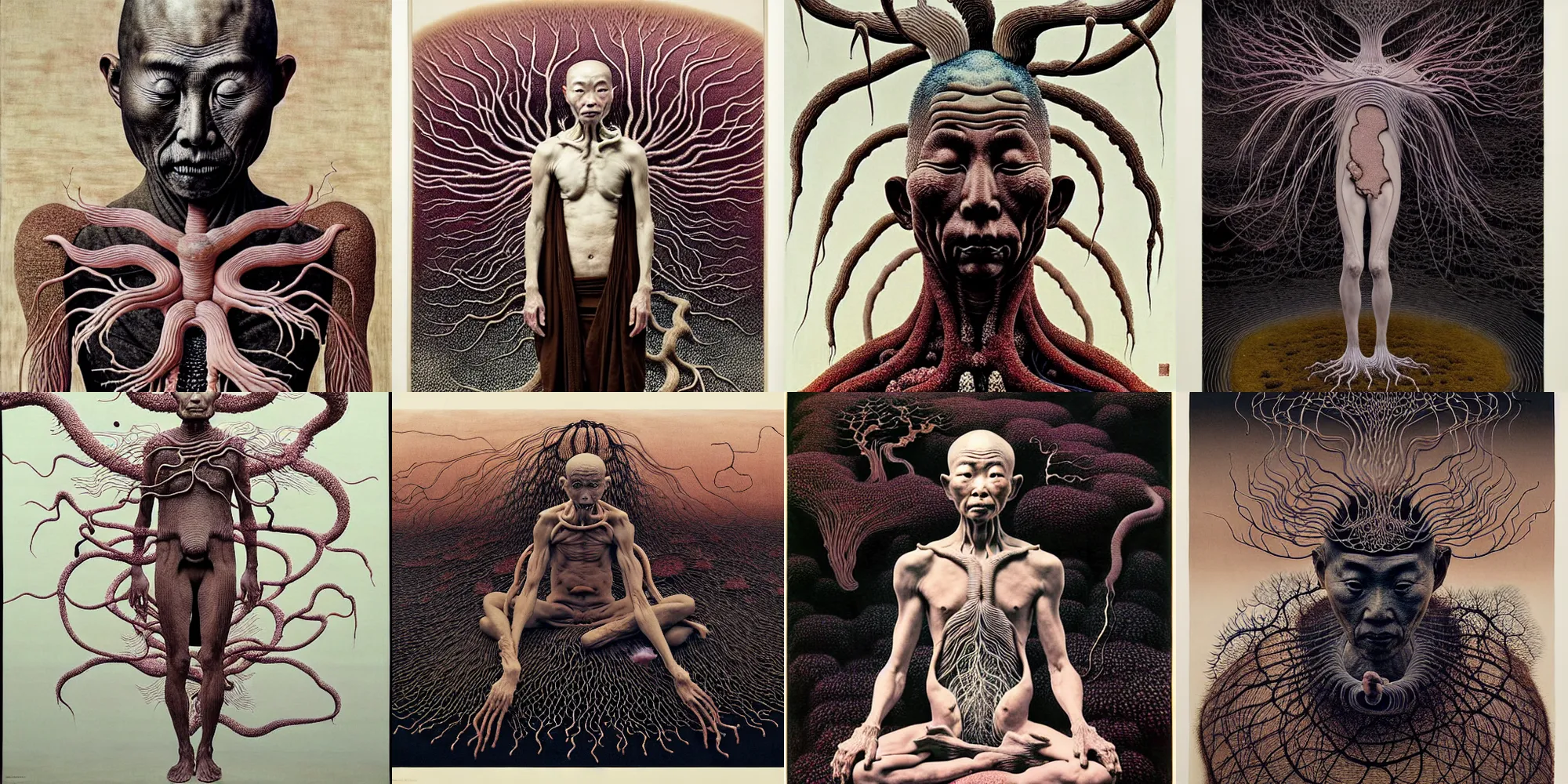 Image similar to ancient japanese monk, by kiki smith, by zdzisław beksinski, by wangechi mutu, full body, third - person, zoomed out, mycelium, mycena acicula, tremella - fuciformis, insanely detailed and intricate, hypermaximalist, elegant, ornate, hyper realistic