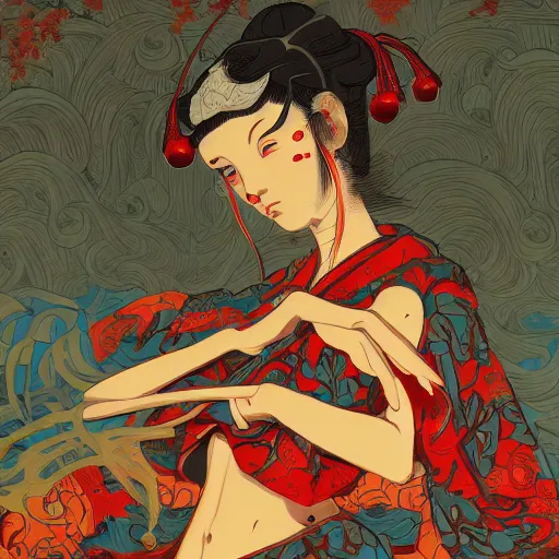 Image similar to james jean style, utagawa kunisada style, vfx art, unreal engine render, claymation style, colourful, volumetric light, digital painting, digital illustration, dramatic light,