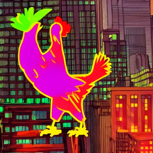 Image similar to a neonpunk avatar chicken, flying over new york