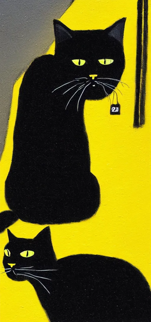 Prompt: a big black cat in a yellow raincoat on a badly lit street