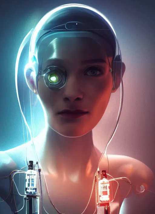 Prompt: Ultra realistic full shot of a cyborg woman in a glass cylinder with electrical cables cables and mechanical arms that fix it., cyberpunk,sci-fi, fantasy,Kodak , soft light, volumetric lighting, ,night, fog ,smoke, intricate, elegant, highly detailed, digital painting, artstation, concept art, smooth, sharp focus, illustration,art by artgerm and greg rutkowski and alphonse mucha