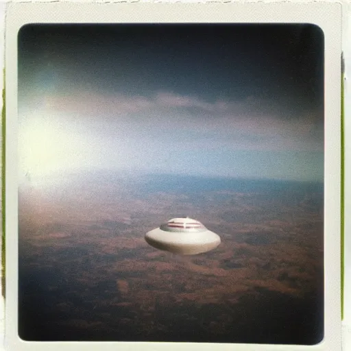Prompt: UFO photo taken out the window of a plane, polaroid