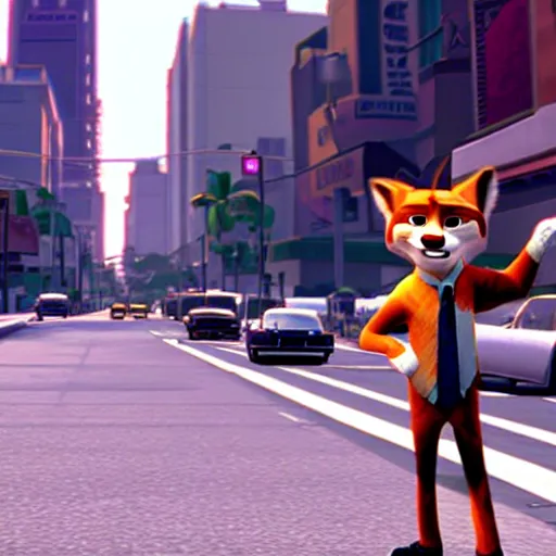 Prompt: Screenshot from the original Grand Theft Auto III featuring Nick Wilde (from Zootopia)