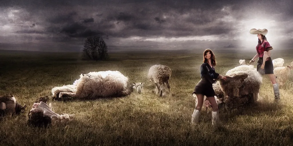 Prompt: Mila Jovovich the cowgirl inspecting a dead sheep at the cabin on the prairie, digital painting, realistic, volumetric lighting, cinematic