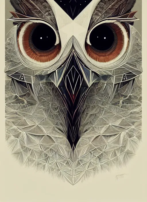 Image similar to portrait of a geometric owl, identical eyes, medium shot, illustration, full body made of white feathers, symmetrical, art stand, super detailed, cinematic lighting, and its detailed and intricate, gorgeous, by peter mohrbacher