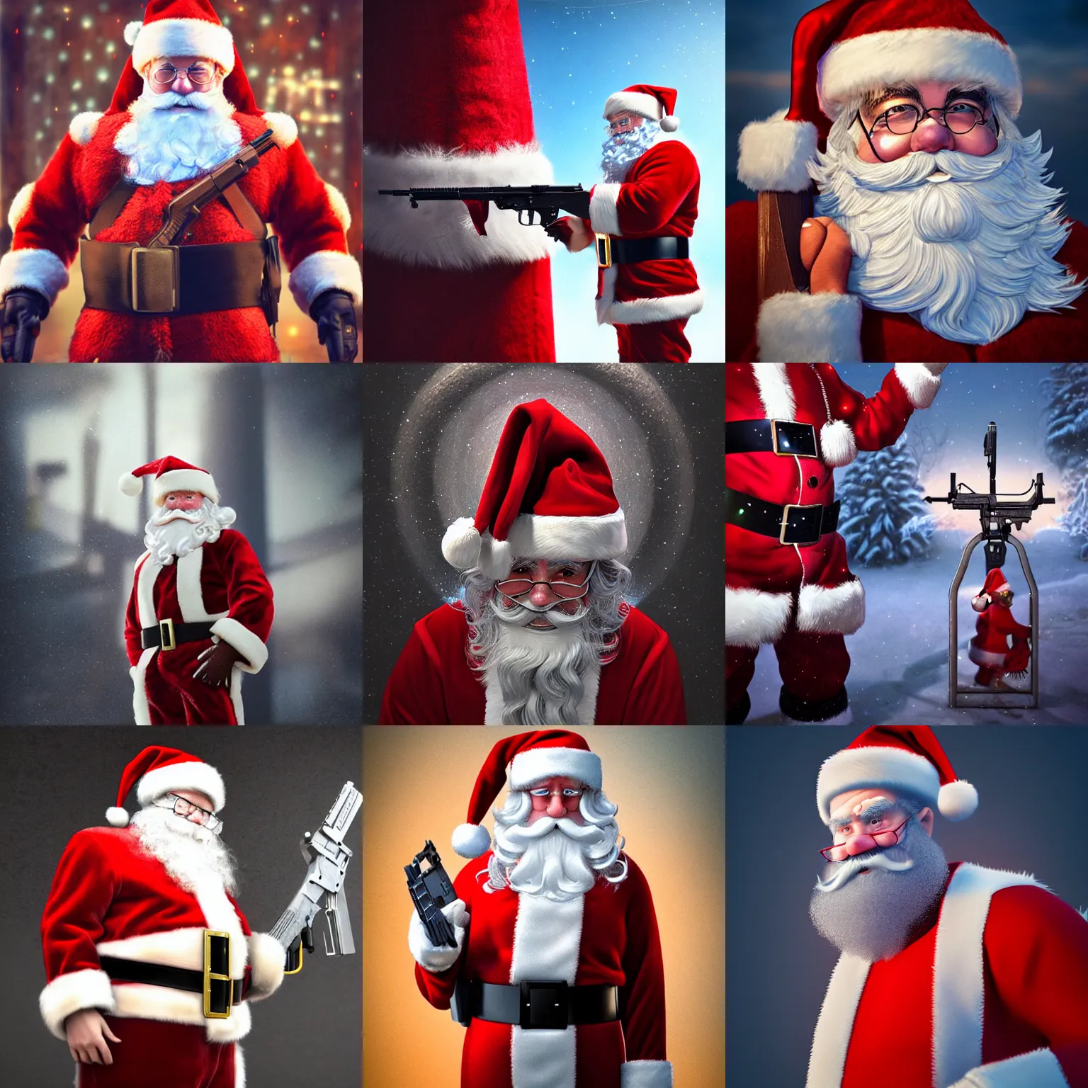 Prompt: santa standing outside of walmart holding an ak-47 intricate artwork by Tooth Wu and wlop and artgerm. Octane render, trending on artstation, very coherent symmetrical artwork. Cinematic, hyper realism, high detail 8k