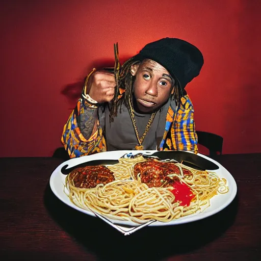 Image similar to lil wayne hip hop artist eating spaghetti and meatballs, promo shot for new album, trending on pitchfork, terry richardson photography, high color