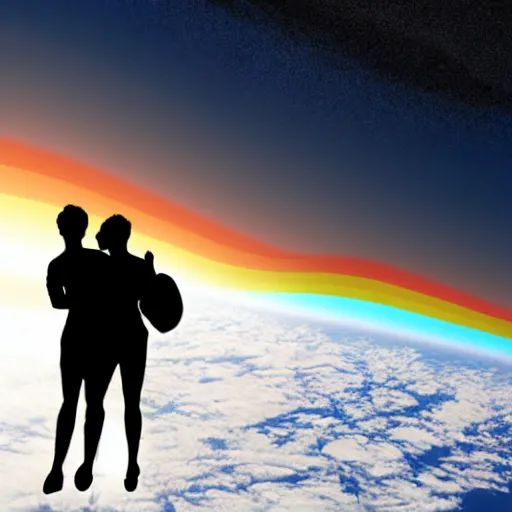 Image similar to silhouette of a gay couple looking at the sunrise from space