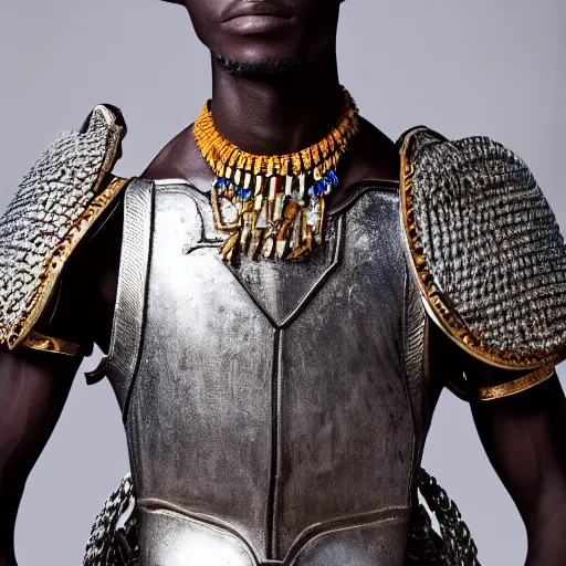 Image similar to a portrait of a beautiful young congolese male wearing an alexander mcqueen armor , photographed by andrew thomas huang, artistic