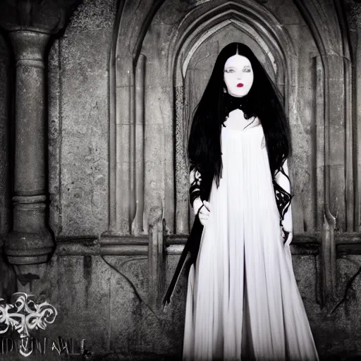 Image similar to a photoshoot portrait of pale goth beauty, inside gothic castle!