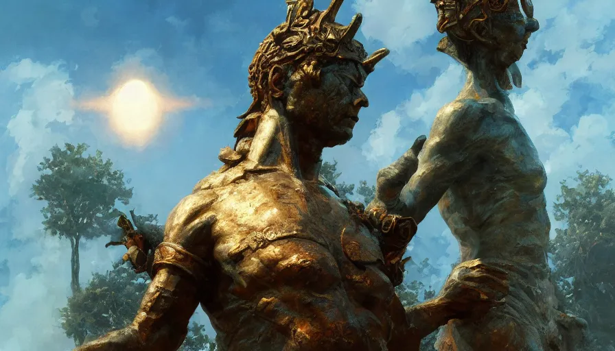 Image similar to craig mullins and ghibli digital illustration of the statue of the sun god unreal engine, hyper realism, realistic shading, cinematic composition, realistic render, octane render, detailed textures, photorealistic, wide shot