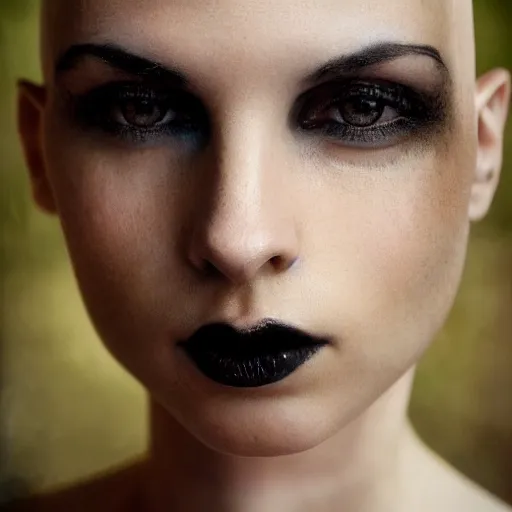 Prompt: a portrait of a bald goth female, dark eyes, dark hair, olive skin, depth of field, zeiss lens, detailed, centered, artstation, fashion photoshoot, by Annie Leibovitz and Steve McCurry, David Lazar, Jimmy Nelsson, Breathtaking, 8k resolution, extremely detailed, beautiful, establishing shot, artistic, hyperrealistic, beautiful face, octane render