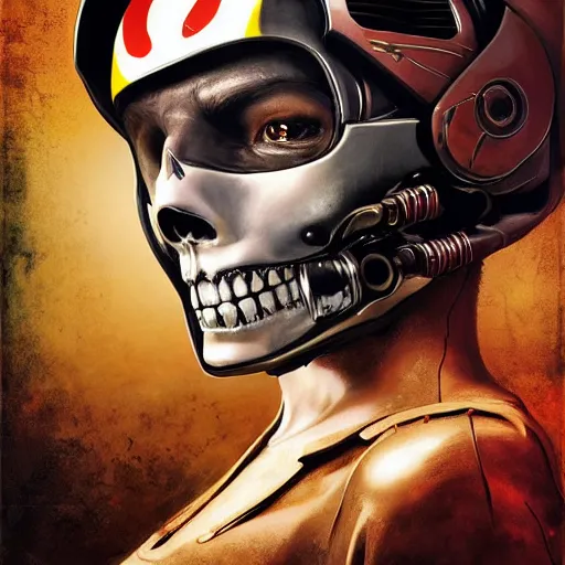 Image similar to a portrait of an cyborg vintage skull no teeth in a racing helmet by sandra chevrier, detailed render, epic composition, cybernetics, 4 k realistic, cryengine, realistic shaded lighting, sharp focus, masterpiece, by matteo scalera, gary montalbano, peter elson in the style of the tokyo ghost comic