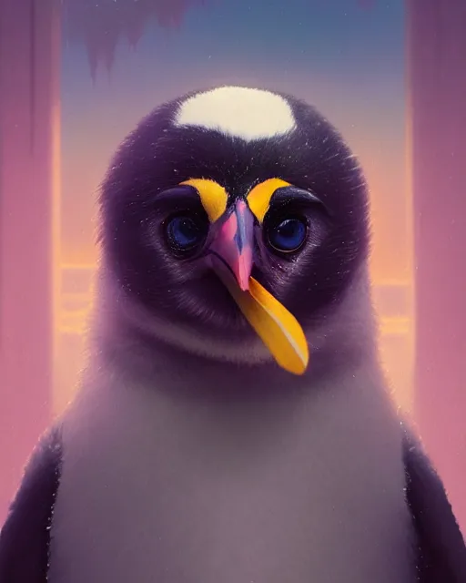 Image similar to highly detailed vfx portrait of a cute penguin, stephen bliss, unreal engine, greg rutkowski, loish, rhads, beeple, makoto shinkai and lois van baarle, ilya kuvshinov, rossdraws, tom bagshaw, alphonse mucha, global illumination, detailed and intricate environment