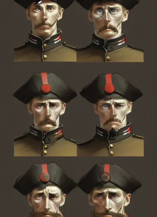 Prompt: 1 8 5 5 injured british crimean war soldier, character face study, multiple angles, directions and moods. faces only, concept art finely detailed perfect art, painted by greg rutkowski makoto shinkai takashi takeuchi studio ghibli, pinterest, cevagraf comics