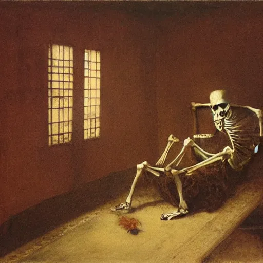 Prompt: skeleton inside an opium den. by arnold bocklin, herbert james draper. oil on wood 1 9 0 0. intricate details. minimalist. ambient lighting. liminal space. vacant room. interior shrouded. shadows dancing in the background. vibrant colors. resounding detail. foggy air