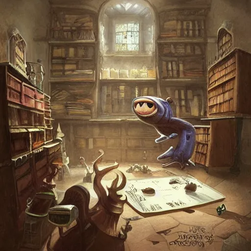 Prompt: giant slug runs amuck in spacious laboratorium with students, monster university, by jean - baptiste monge!!!