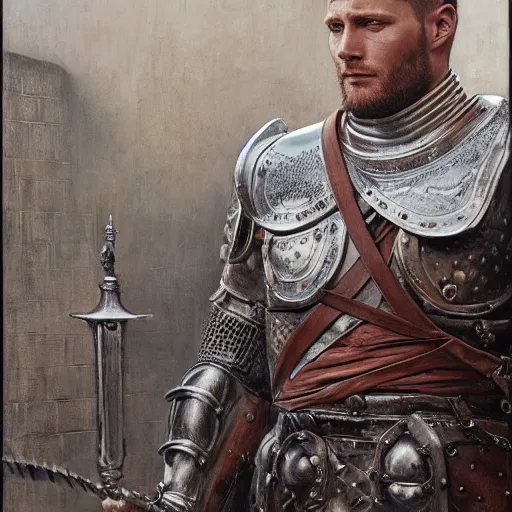 Image similar to a detailed matte portrait of an jensen ackles in steel plate armor, detailed face, very large longsword leaning against the side of a tavern, city streets, masterpiece, 8 k, art by donato giancola and greg rutkowski and wayne barlow and zdzisław beksinski