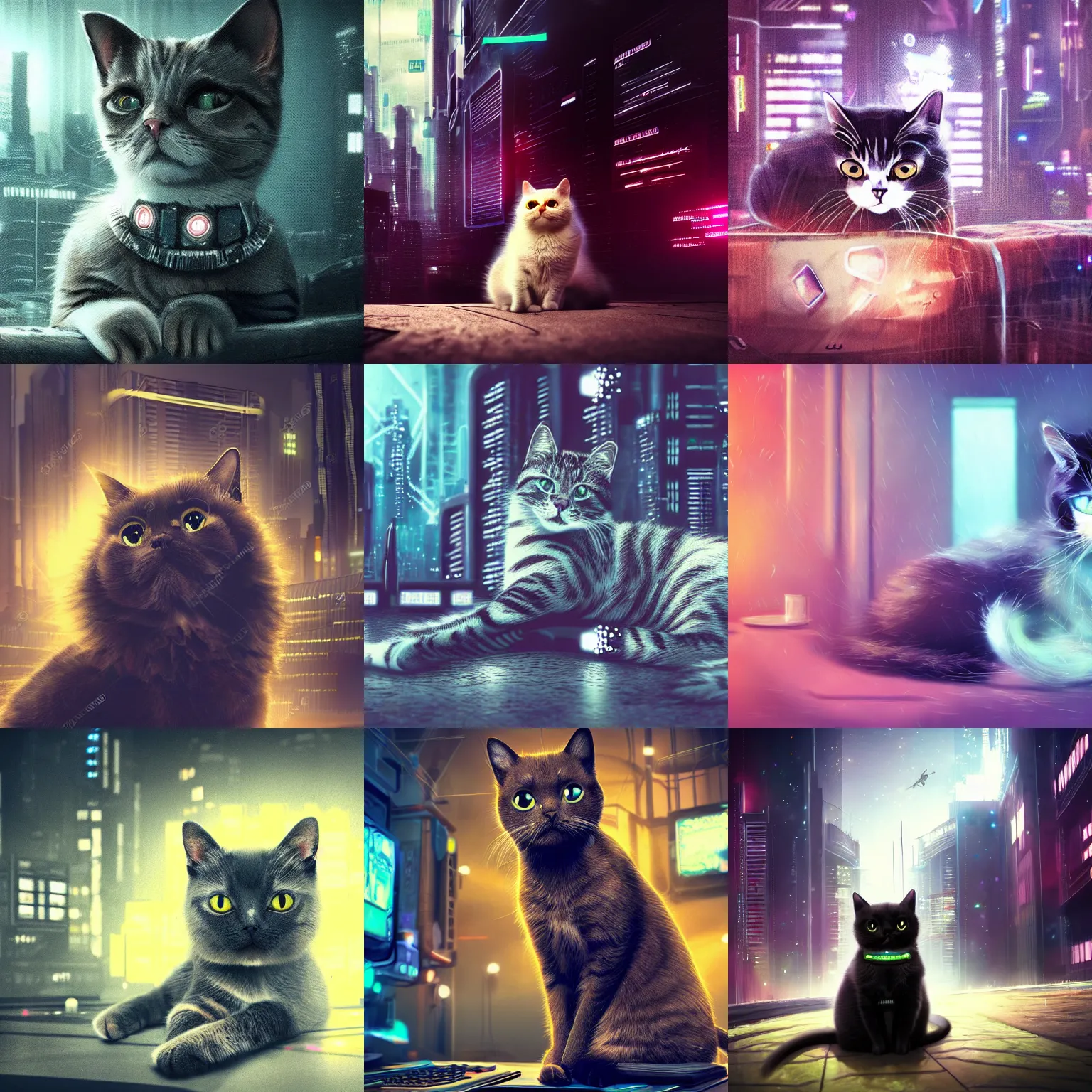 Prompt: beautiful cute cat surrounded by cyberpunk atmosphere compute art, concept art,4k,high detail,no noise