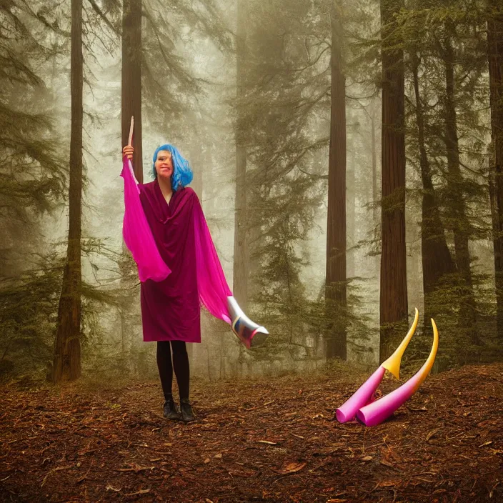 Image similar to a color photograph, closeup portrait of a woman wrapped in plastic, holding a unicorn horn, in a foggy redwood forest, color photograph, by vincent desiderio, canon eos c 3 0 0, ƒ 1. 8, 3 5 mm, 8 k, medium - format print