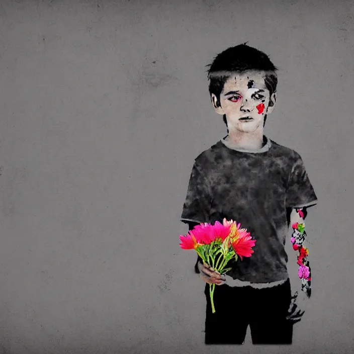 Image similar to a right side profile of a boy holding flowers in the style of Banksy, graffiti, digital art