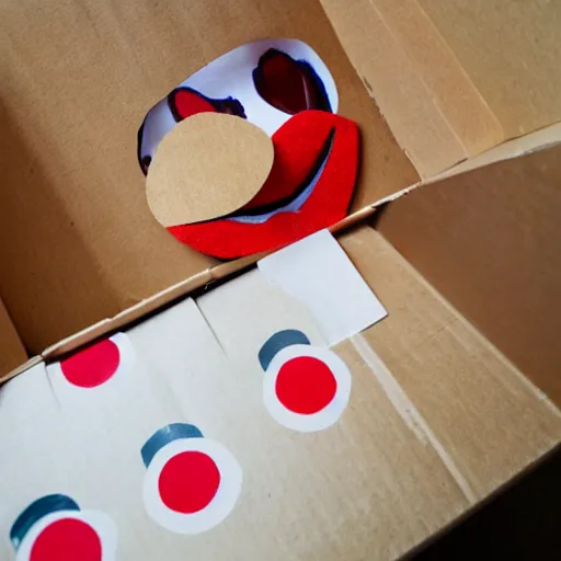 Image similar to a cardboard box opened up with a clown face popping out of it, realistic, the name wbnl on it