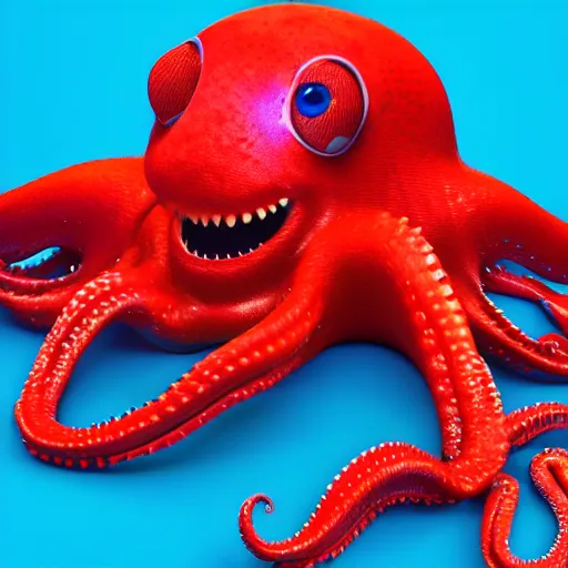 Image similar to portrait of red octopus, sly, cunning, blue background, pixar style animation 3d extremely gloomy lighting, atmospheric, cinematic, detailed illustration unreal Engine, 8K