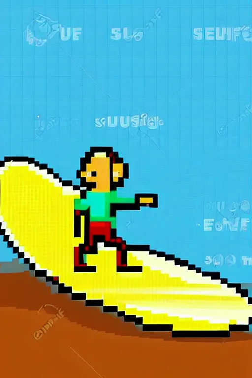 Image similar to a surfer on surfboard on a big wave. sun and sea. colorful. pixelart.