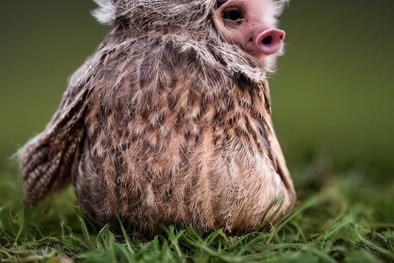 Prompt: a pig owl!!! hybrid! hyper realistic!! realistic lighting!! wildlife photographer of the year!!! bold natural colors, national geographic, hd, wide angle, 8 k