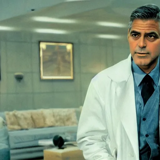 Image similar to George Clooney showing white blueprint on a tv screen, movie Ocean Eleven scene, cinematic, highly detailed