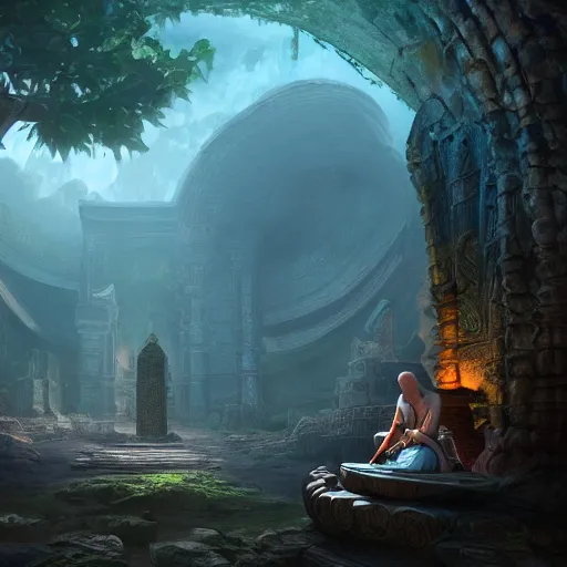 Image similar to mage monk in lost temple, unreal engine, digital, artstation, detailed illustration, heavenly atmosphere, digital art, overdetailed art, concept art, complementing colors, trending on artstation, cgstudio, the most beautiful image ever created, dramatic, subtle, details, award winning artwork, beautiful scenery