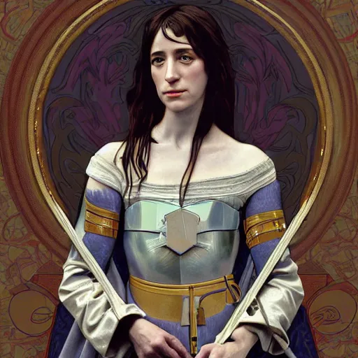 Image similar to portrait of charlotte gainsbourg as joan of arc, hyperreal digital painting, iconography influenced by alphonse mucha and eugene delacroix, arstation and deviantart trends, high resolution 8 k