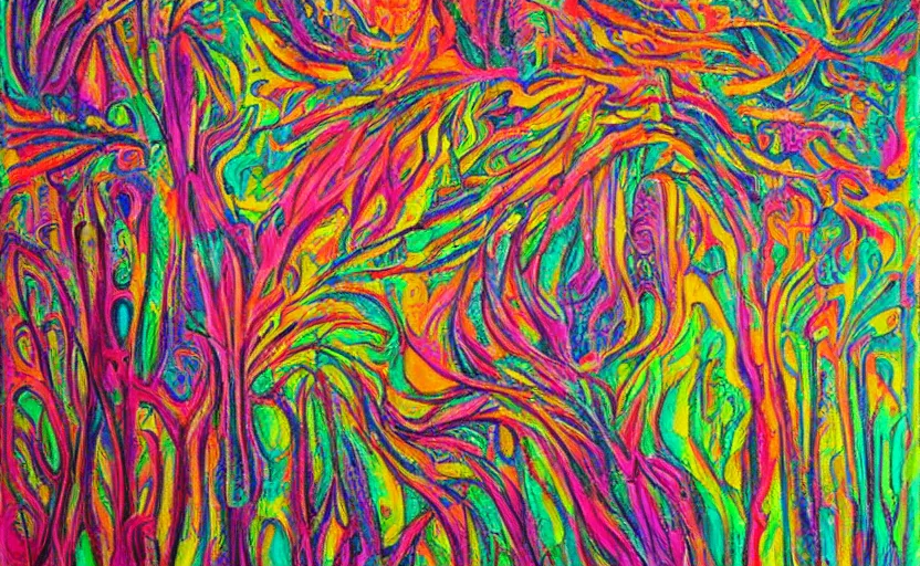 Image similar to psychedelic candy!!!!!!! forest by alexy grey, acrylic painting!!!, intricate details!!!!, fine brush!!!!!!