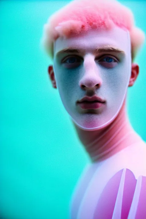 Image similar to high quality pastel coloured film mid angle portrait photograph of a beautiful young 2 0 year old male, soft features, short hair, perspex mask and oversized inflated clothing!!!! icelandic black! rock pool environment. atmospheric three point light. photographic. art directed. ( pastel colours ). volumetric. clearcoat. waves. 8 k. filmic.