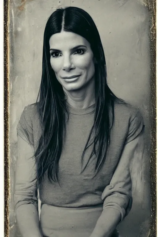 Image similar to a tintype photo of Sandra Bullock