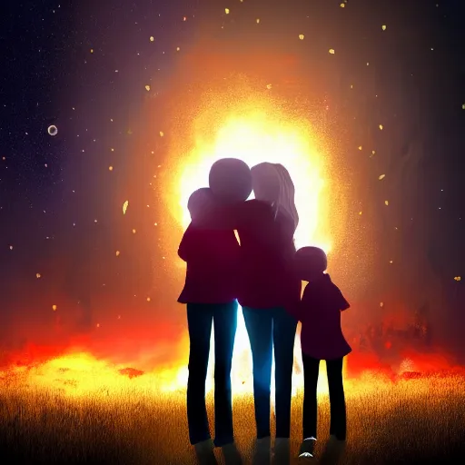 Image similar to A family hugging each other for the last time as the world is ending, meteors are falling from the sky, everything is on fire, dramatic lighting, digital art, very very very very very very beautiful, 8K, dark lighting, trending on Artstation, award winning