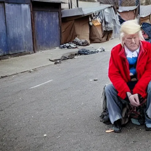 Image similar to donald trump dressed as a homeless man living in the slums