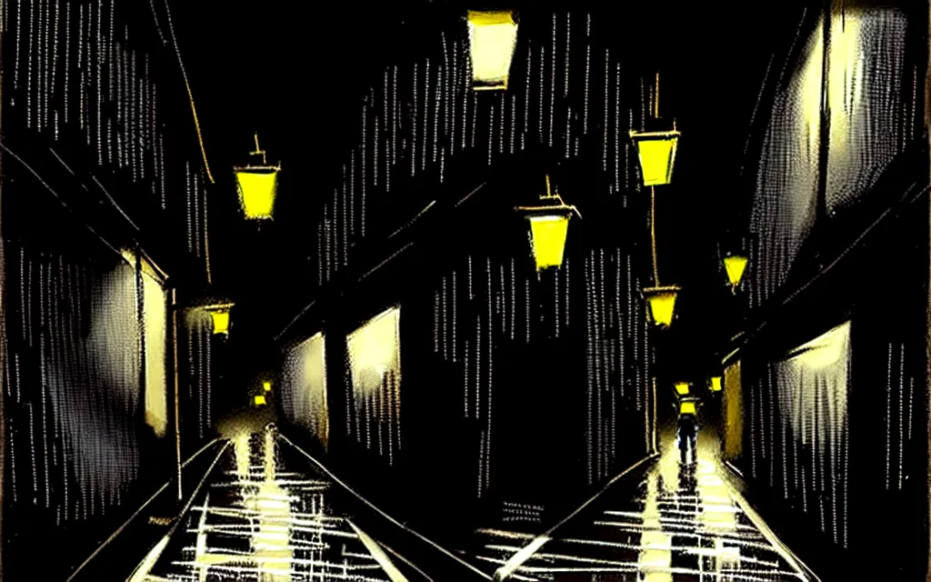 Image similar to concept art, dark wet london alley at night, by ashley wood, by roger deakins, in the style of syd mead atmospheric