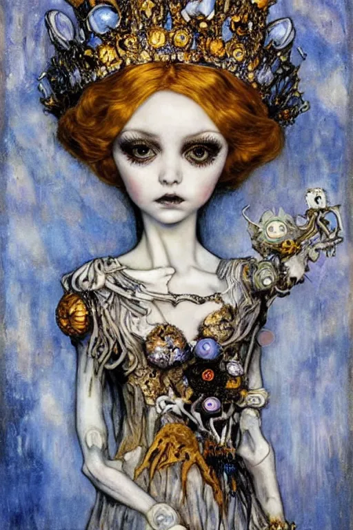 Prompt: The Princess of Bones by Karol Bak, Jean Deville, Gustav Klimt, and Vincent Van Gogh, portrait of a porcelain doll princess wearing a crown, beautiful porcelain ball-joint doll face, BJD, pale blue eyes, mystic eye, otherworldly, crown made of bones, ornate jeweled crown, skulls, fractal structures, arcane, inscribed runes, infernal relics, ornate gilded medieval icon, third eye, spirals, rich deep moody colors