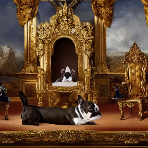 Image similar to 8k highly detailed oil matte painting by Charles Landelle of A French Bulldog King, decadent throne room, the other animals prostrate themselves before the throne