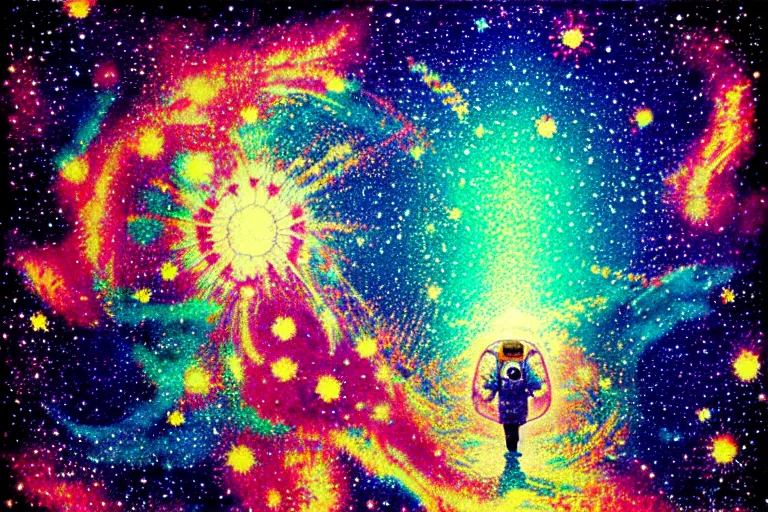 Prompt: hikari shimoda, takashi murakami, james jean, makoto shinkai, akihiko yoshida, textured, stippled lighting, portrait of a nebula with a female astronaut floating, dna strands, gustav klimt, lomography, colorful, dramatic lighting, hdr, ilya kuvshinov, yoh yoshinari, explosive