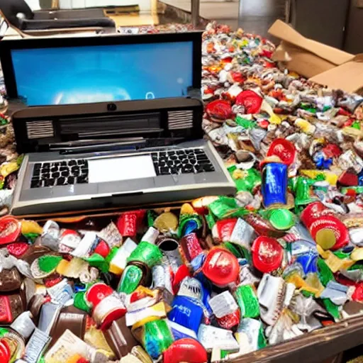 Image similar to a computer desk with screen mouse and keyboard covered and piled with discarded food and crushed soda cans and used chocolate wrappers