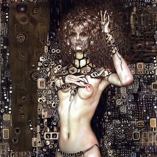 Prompt: depraved cybernetic demon, circuitry, intricate detail, klimt, royo,