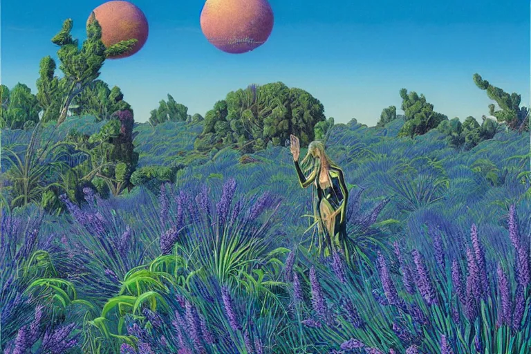 Image similar to evangelionic illustration, a lot of exotic deep blue vegetation, tall thin lavender trees, tremendous bounty, gold iridescent flowers, oldschool vintage sci - fi flat surreal design, super - detailed, digital oil painting by moebius, hd, 4 k, high quality