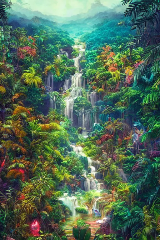 Image similar to aerial view of a colorful jungle with rivers and waterfalls, by artgerm, tom bagshaw, gerald brom, vaporwave colors, lo - fi colors, vaporwave, lo - fi, moody vibe, goth vibe, full body, rendered by substance designer,