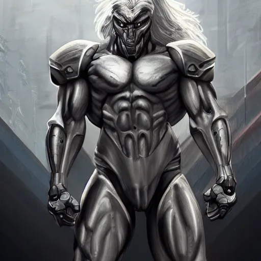 Image similar to an exaggeratedly muscular anthropomorphized horse with a magnificently muscular physique wearing a tight cybernetic armor while protecting a facility, long white mane, equine, anthro art, furaffinity, highly detailed, realistic, digital painting, artstation, sharp focus, concept art, illustration, art by artgerm, greg rutkowski, wlop